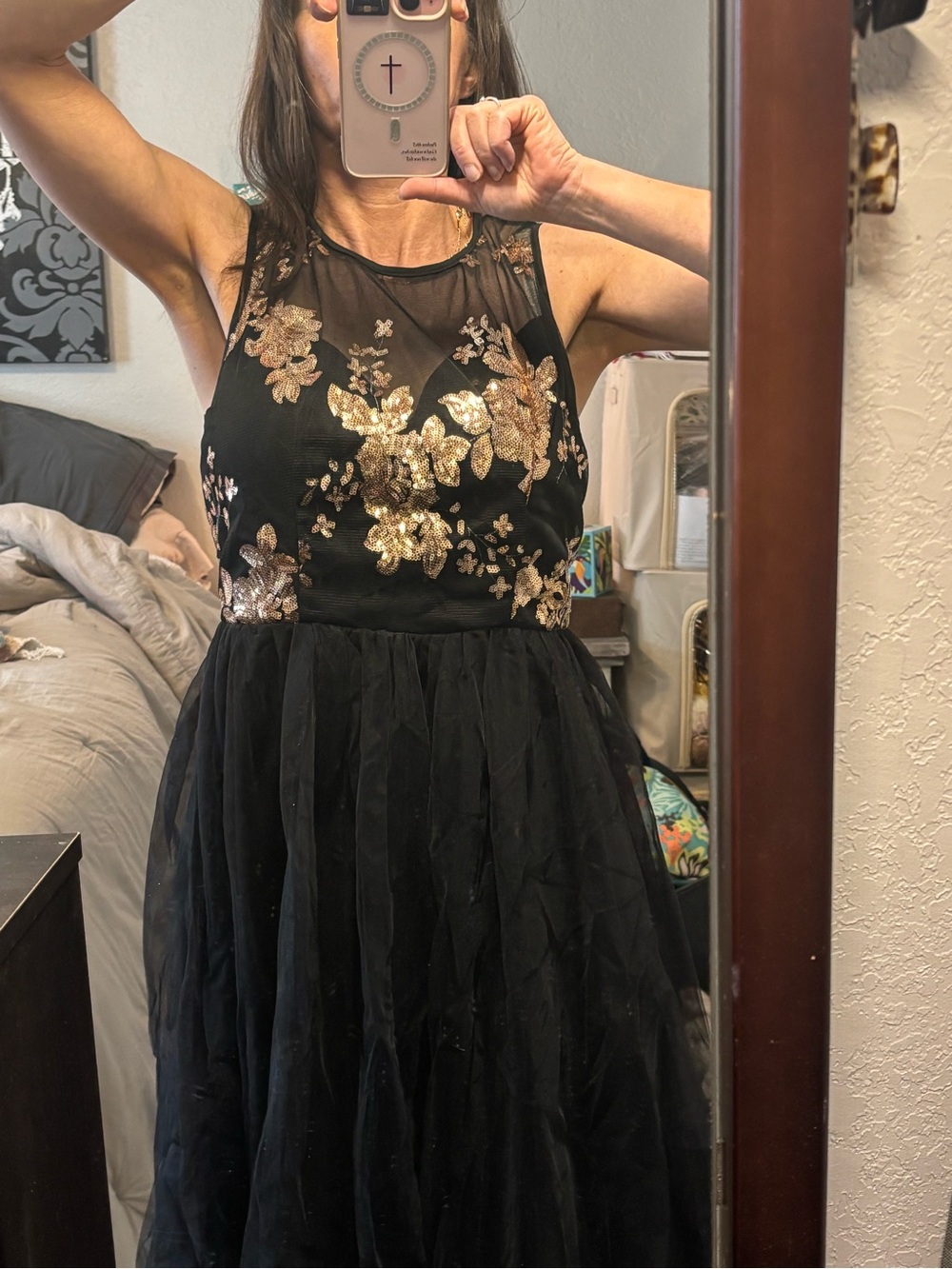 E: Gold Floral Sequin Bodice Black Tulle Mesh Midi Dress Size Large - Picture 7 of 9